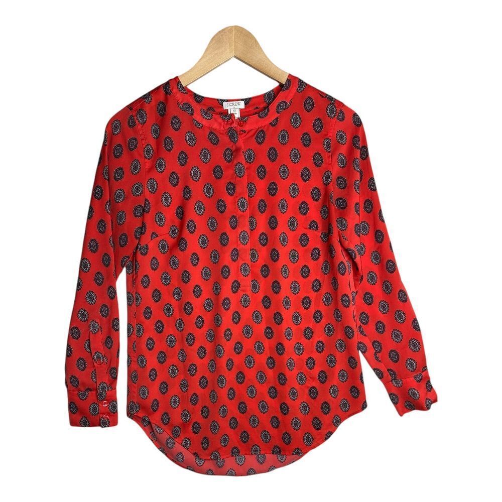 J.Crew Women's Red Paisley Print Long Sleeve Popover Blouse Shirt Top XS Petite